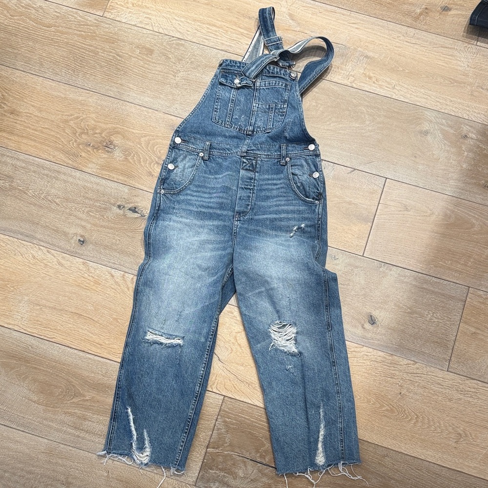 FP Movement by Free People Distressed Blue Denim Overalls